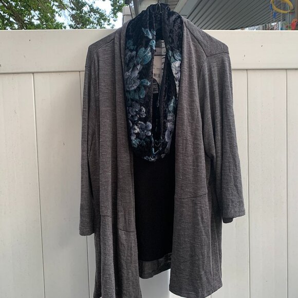 Gray Long Cardigan With Black Shell and Scarf - Picture 2 of 3